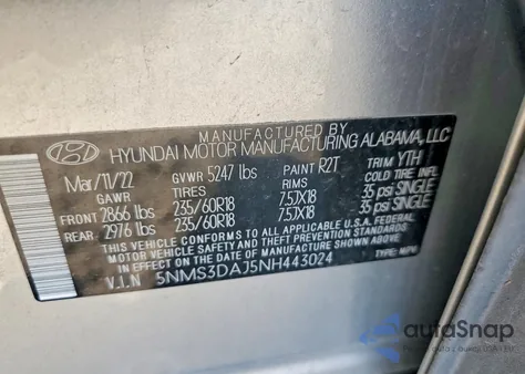 2022 Hyundai Santa Fe Sel z USA, uszkodzony, nr VIN 5NMS3DAJ5NH443024